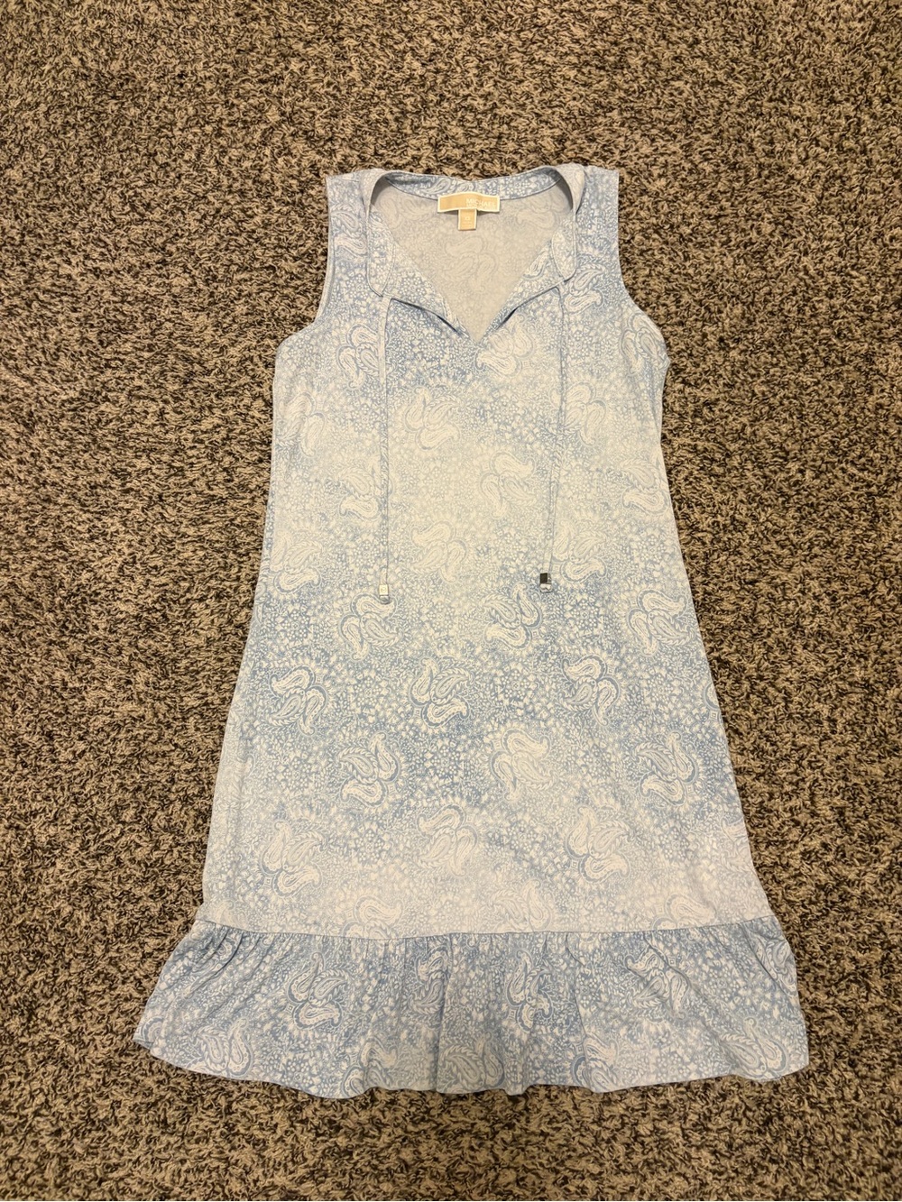 Michael Kors Light Blue Paisley Sleeveless Ruffle-Hem Dress